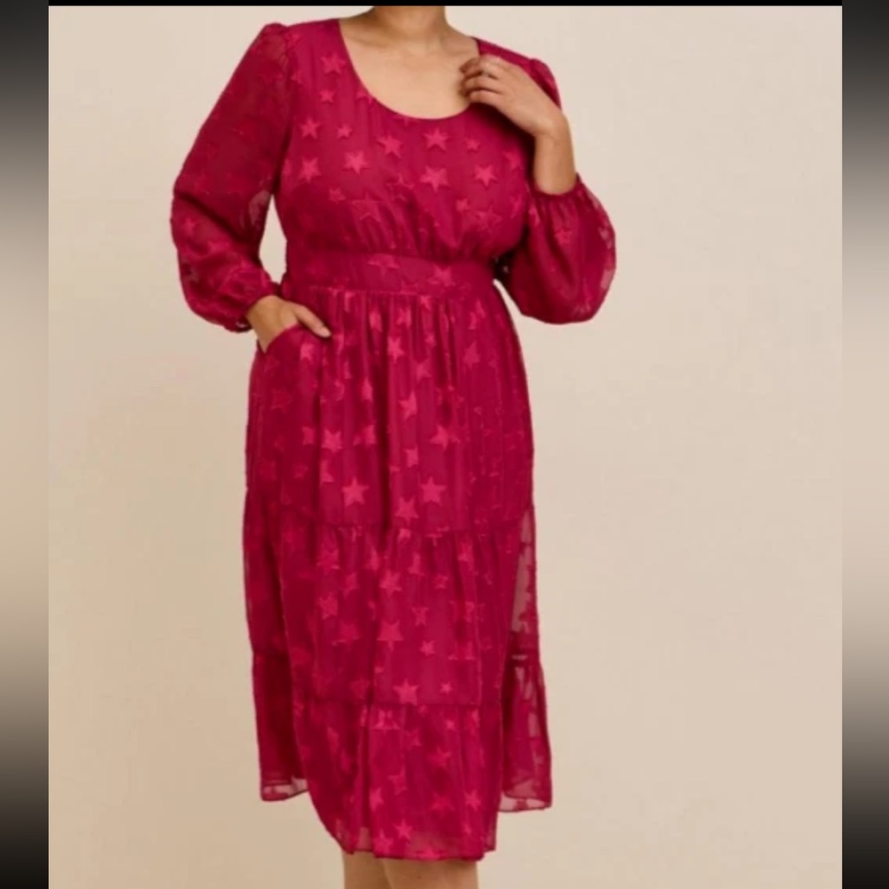 torrid Burgundy/Red Chiffon Mesh Clip Dot Star Print Tiered Dress NWOT Size 3X